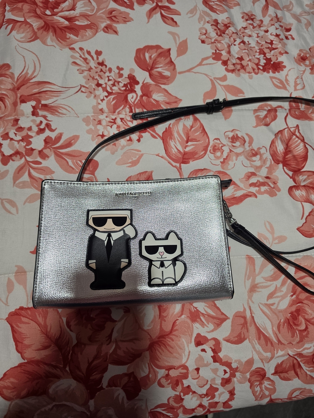 Karl Lagerfeld Metallic Silver Crossbody with Karl & Choupette Patches